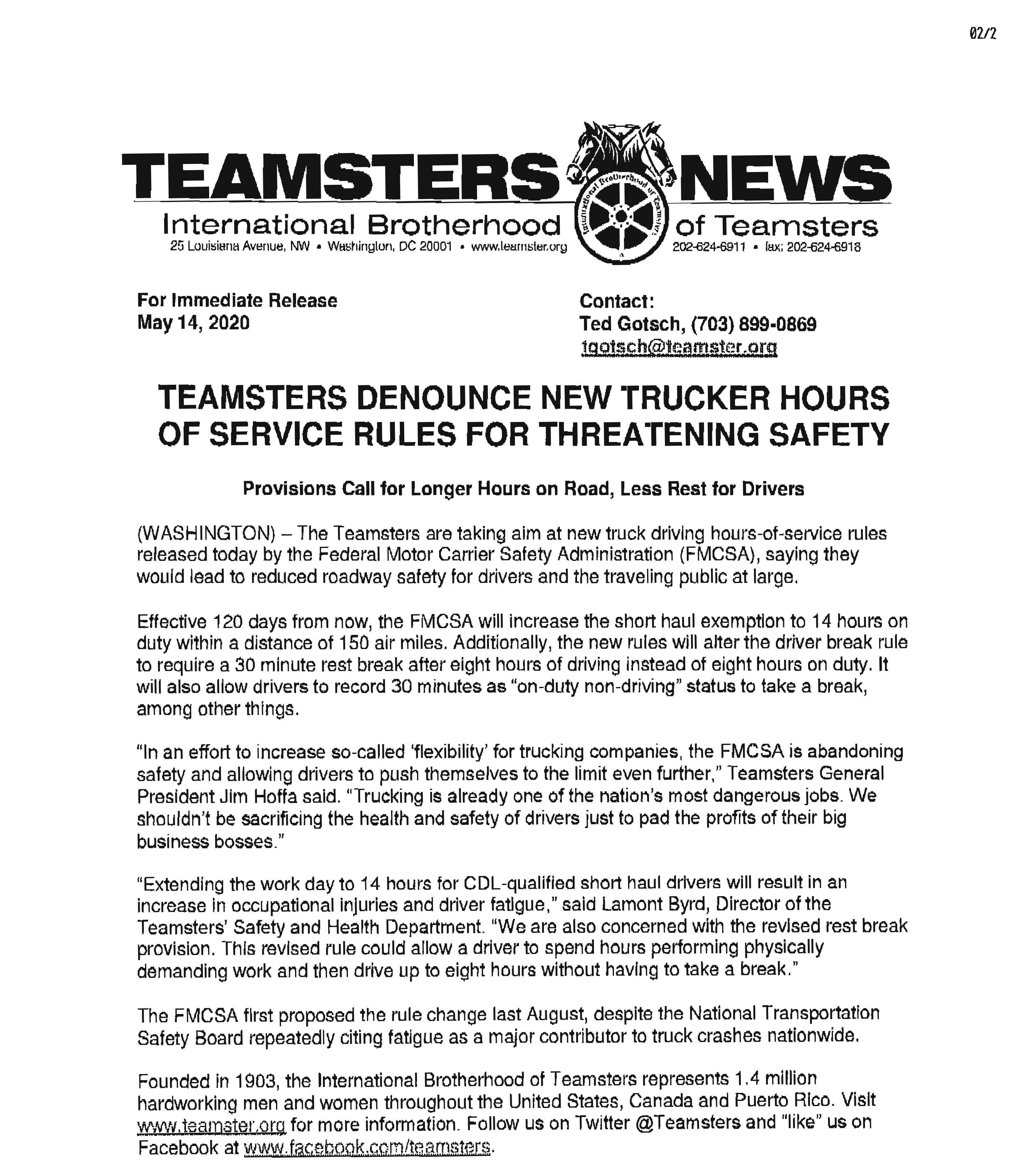 Teamsters denounce new trucker Hours of Service rules for threatening  safety – BLET UPWRGCA